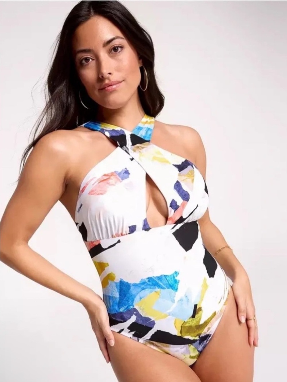 NWT CALIA By Carrie Underwood Collage Pure white Halter One Piece Swimsuit